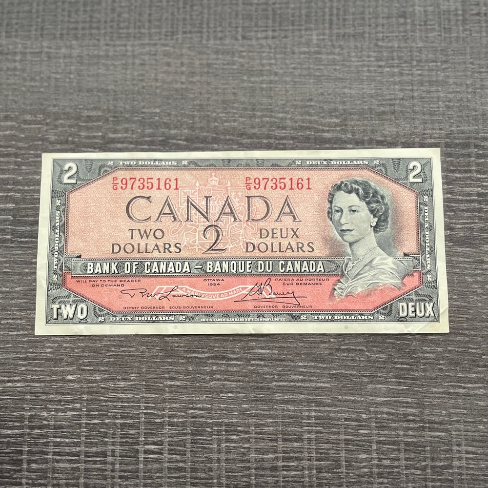1954 Vintage Lawson-Bouey Canadian $2 Dollar Bill with the prefix P/G